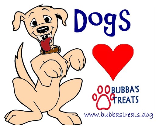 Dogs Heart Bubbas Treats and a cartoon of a dog